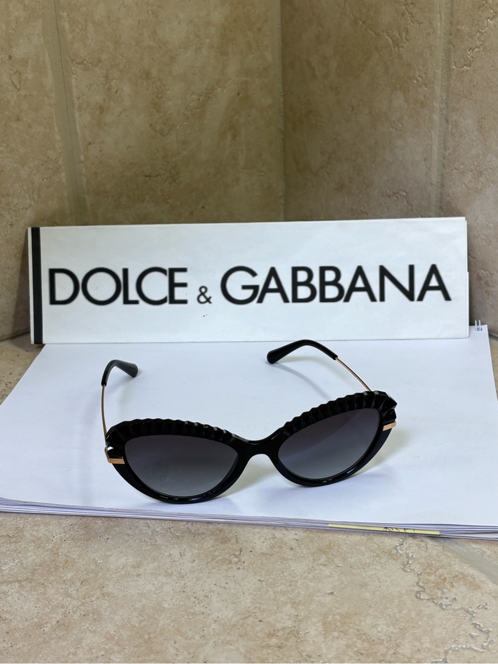 New Dolce & Gabbana DG6136 501/8G Black Cat-Eye Sunglasses with Gold Temples